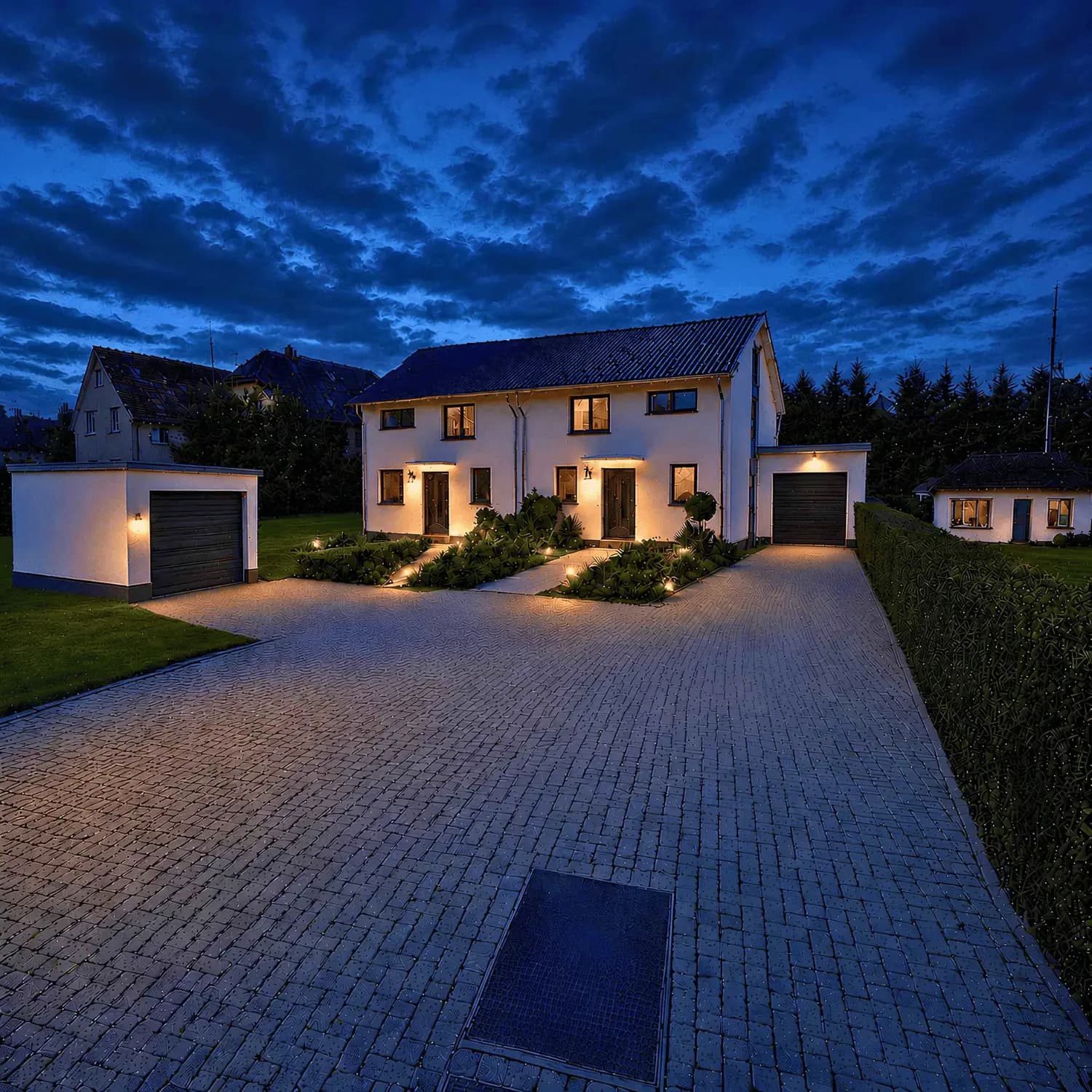 Visualisierung Wohnpark Grafenwald: Doppelhaushälfte Celebration 122 — Vorderansicht bei Nacht
